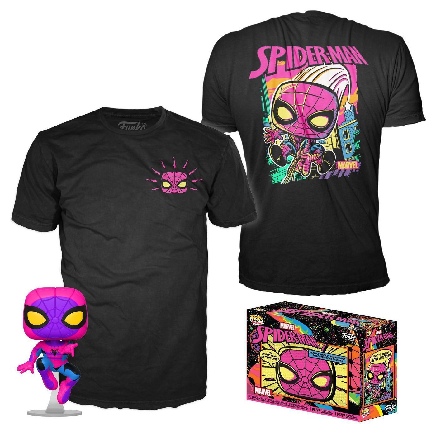 Funko POP! & Tee: Spider-Man: Across The Spider-Verse - Spider- Man - Blacklight - Glow in The Dark - Large - (L) - Spider-Man Across The Spiderverse - T-Shirt - Clothes with Funko POP! & Tee: Spider-Man: Across The Spider-Verse - Spider- Man - Blacklight - Glow in The Dark - Large - (L) - Spider-Man Across The Spiderverse - T-Shirt - Clothes with